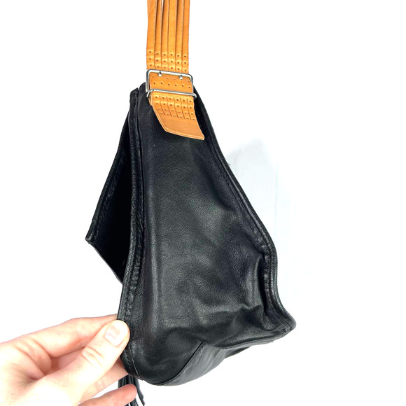 Francesco Biasia Black Tan Leather Shoulder Bag Purse Tassel Fold Over Small - Picture 4 of 7